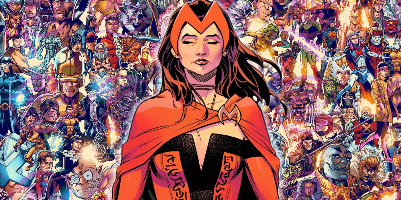 A collage of Scarlet Witch from Marvel Comics in front of a background of the X-Men and other Mutants