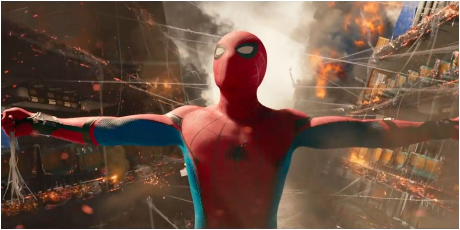 Spider-Man holds together a severed ship in Spider-Man: Homecoming