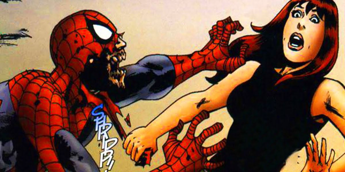 A zombified Spider-Man tries to eat Mary Jane.