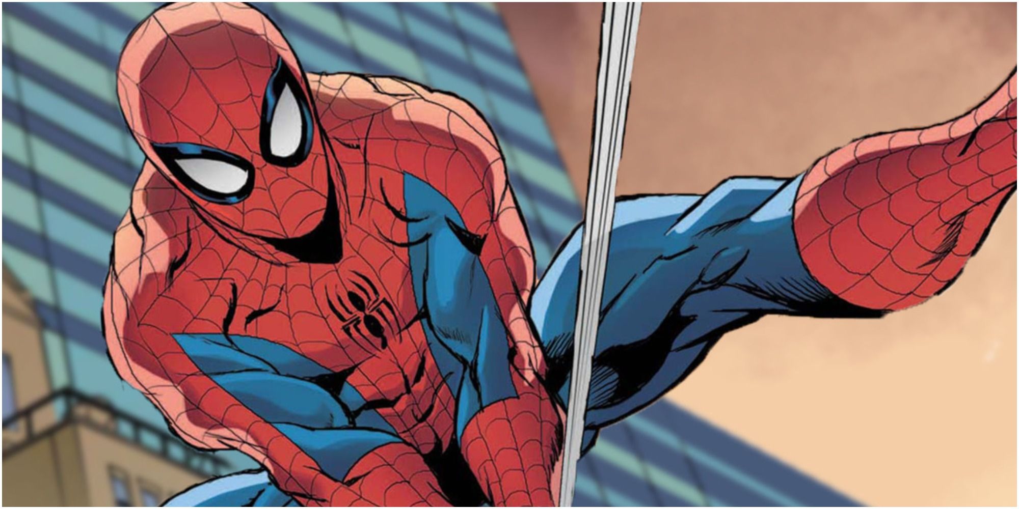 Comic Spider-Man swings through the air