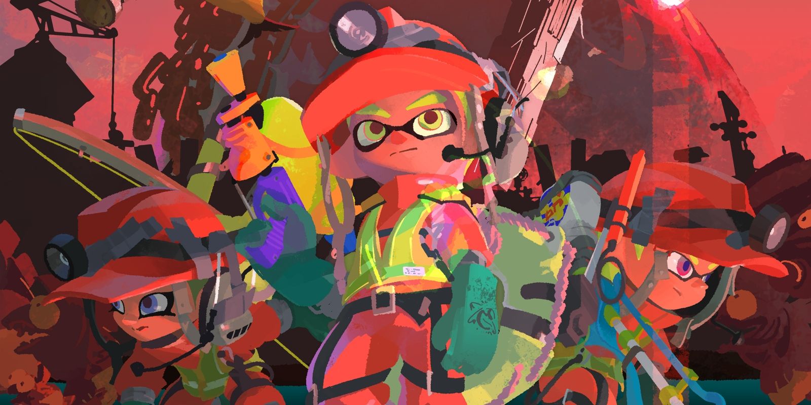 Splatoon 3 characters wear hard hats preparing for Salmon Run.