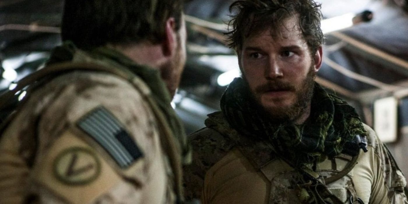 Chris Pratt in The Terminal List in a military uniform, talking to another soldier.