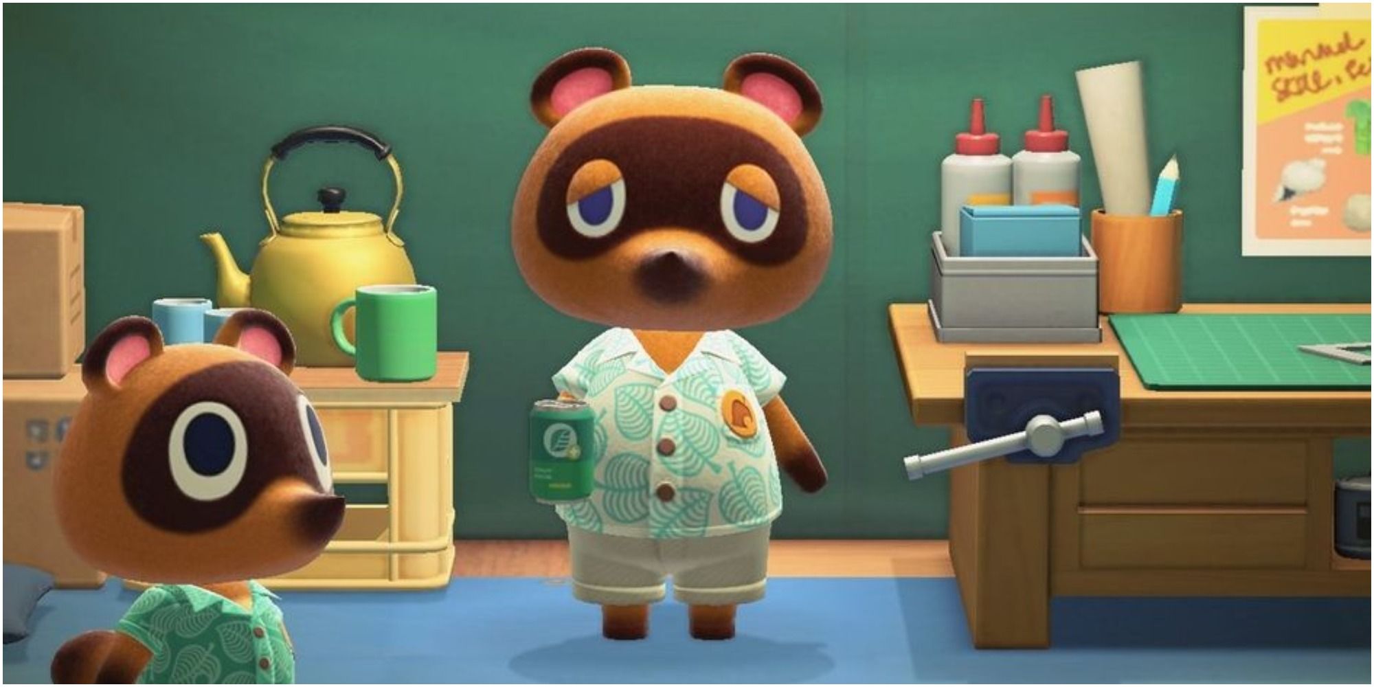 Tom Nook holds a soda while standing in his tent with Timmy or Tommy in Animal Crossing: New Horizons.