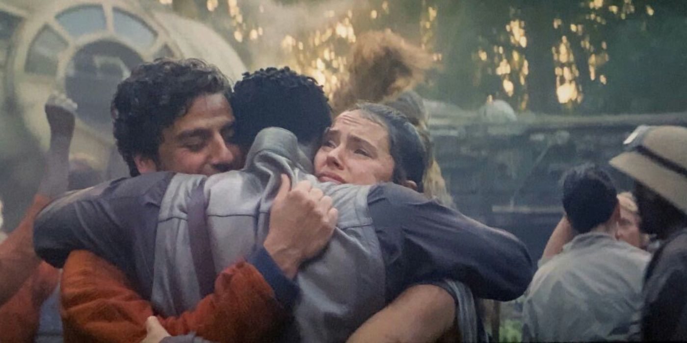 Poe, Finn and Rey hugging, Star Wars franchise