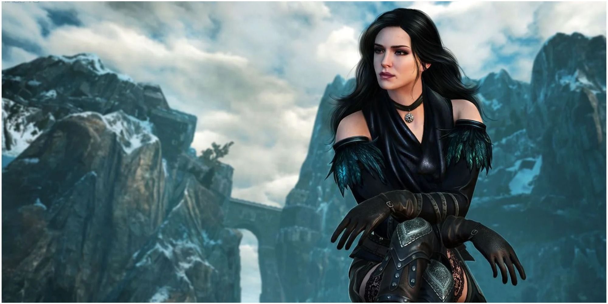 Yennefer poses in the mountains in Witcher 3