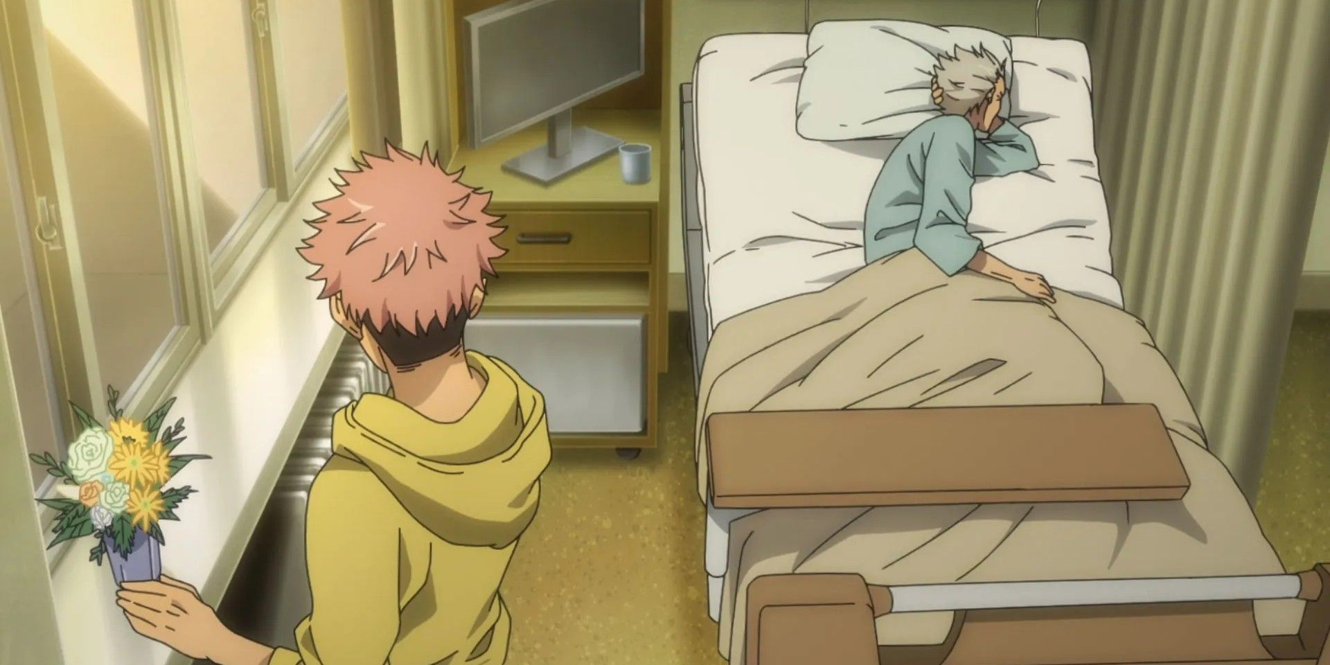 Yuji in the hospital with his grandfather in Jujutsu Kaisen.