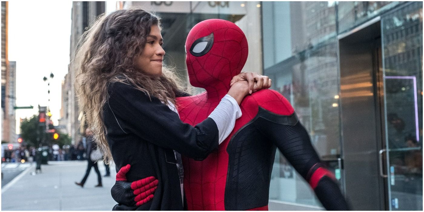MCU Spider-Man Holding MJ As They Land On The Ground After Web-Swinging