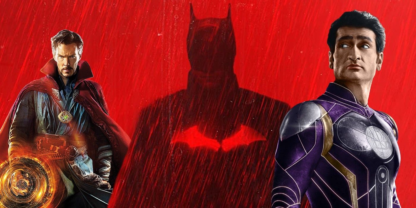 The MCU characters Doctor Strange and Kingo are superimposed on a poster for the 2022 film The Batman