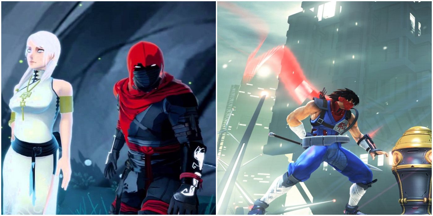 A split image of screenshots from the games Aragami and Strider