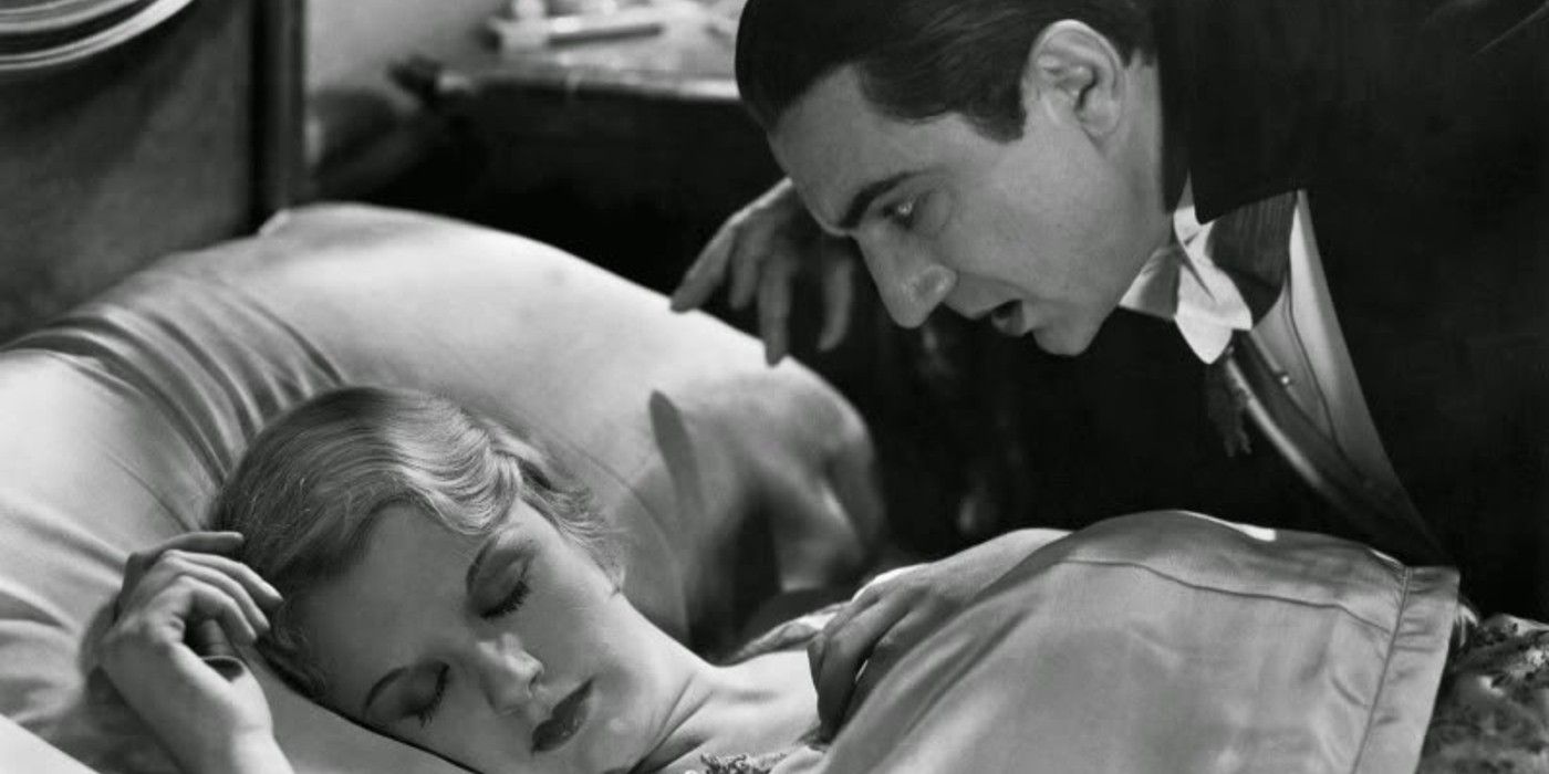 Dracula leering over a sleeping Lucy 