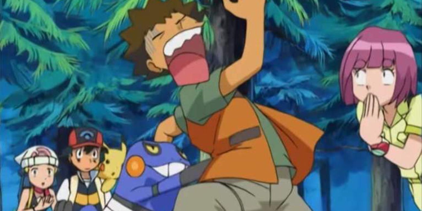 Brock being rejected and dragged away by Croagunk in Pokemon