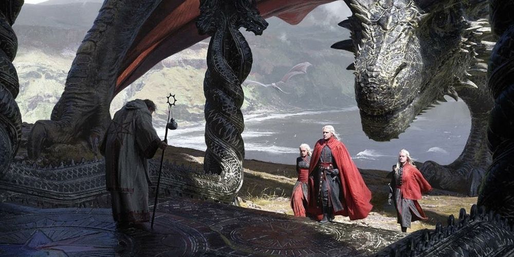 Aegon 'The Conqueror' Targaryen, alongside his sisters and wives Visenya and Rhaenys, and his dragon Balerion the Black Dread Game of Thrones