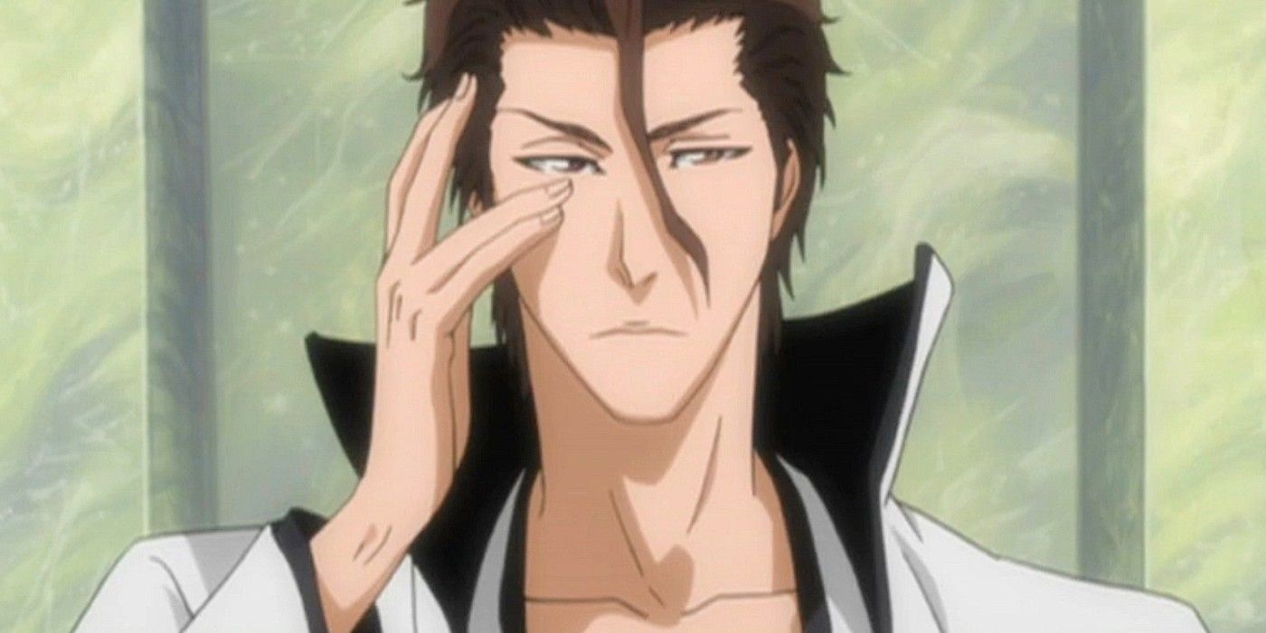 Aizen sits on his throne in Bleach.