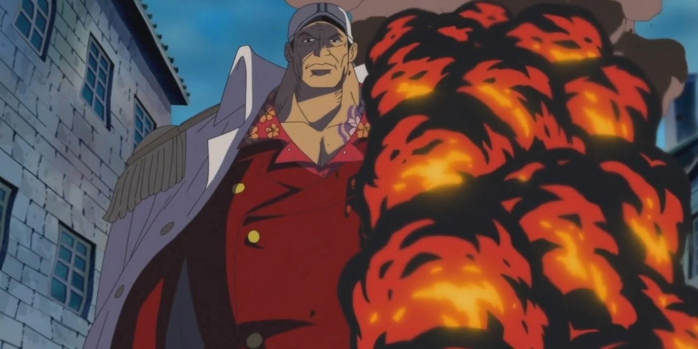 Marine Admiral Akainu using the Magma-Magma Fruit in One Piece's Marineford Arc