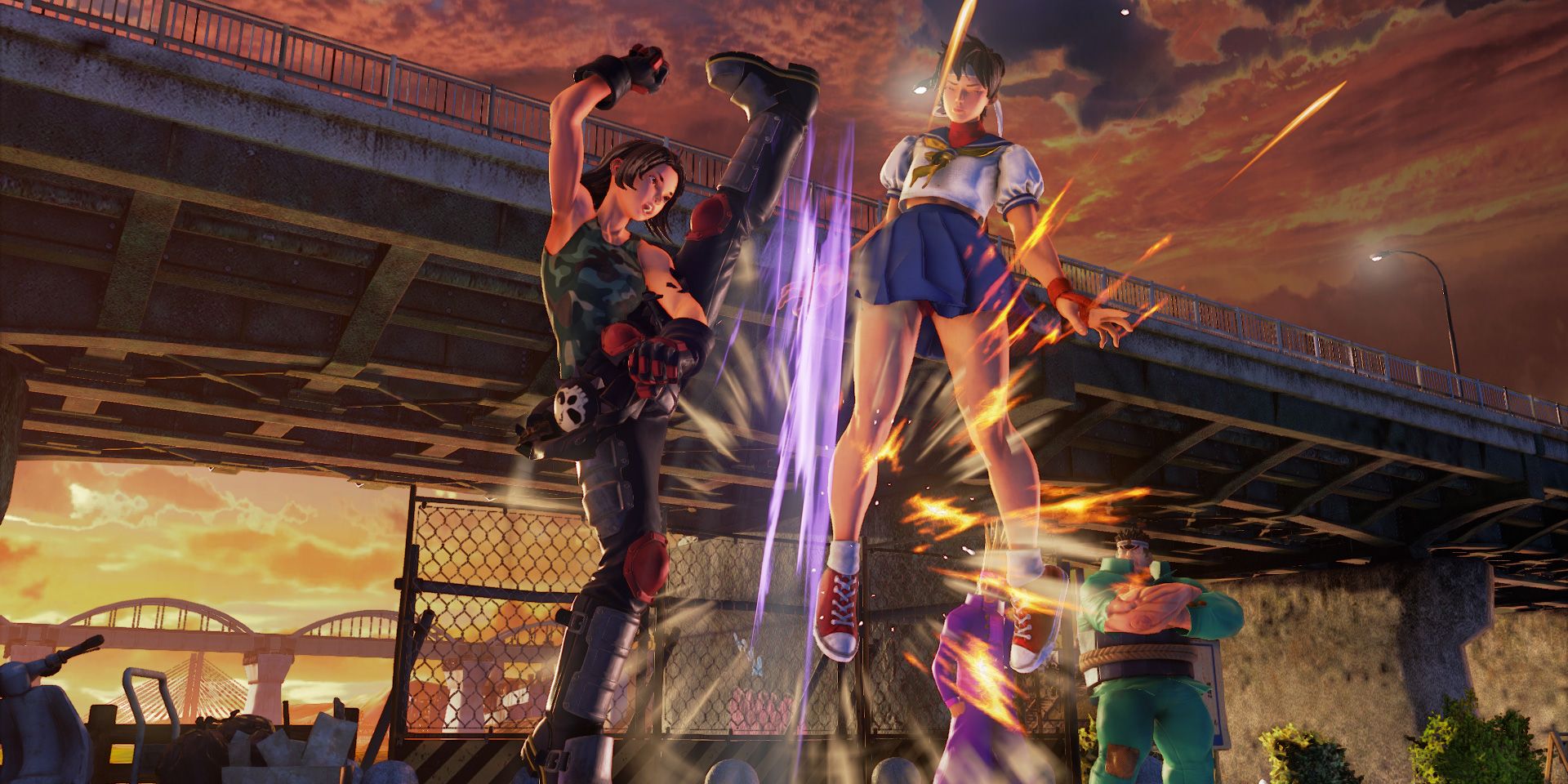 Akira Kazama from Rival Schools kicks Sakura into the air in Street Fighter V