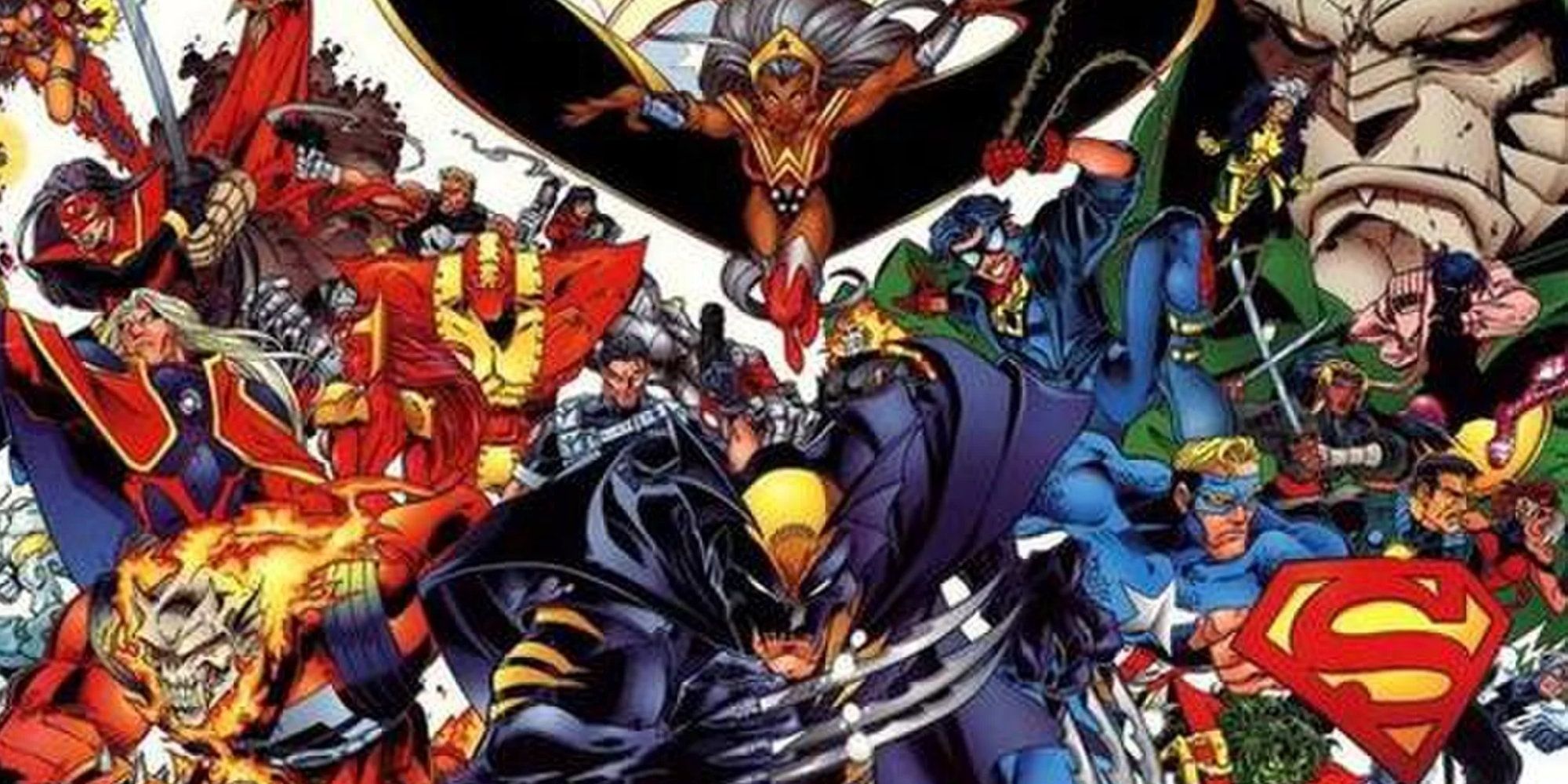 A group shot depicts several characters from the Amalgam comics.