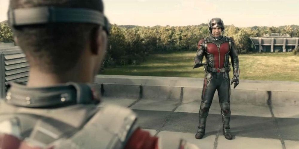 Sam Wilson Falcon fights Scott Lang at an Avengers warehouse in Ant-Man movie