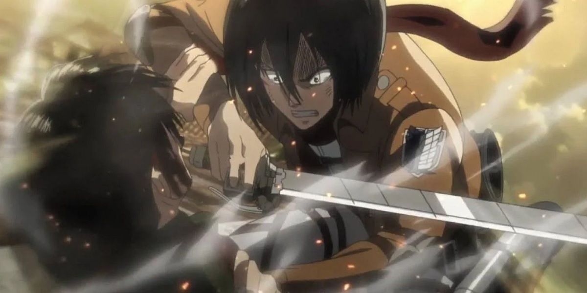 Mikasa attacks Levi in Attack On Titan.