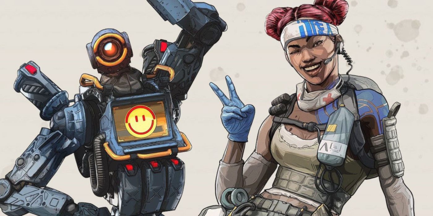 Apex Legends artwork of Lifeline and Pathfinder waving and making a peace gesture