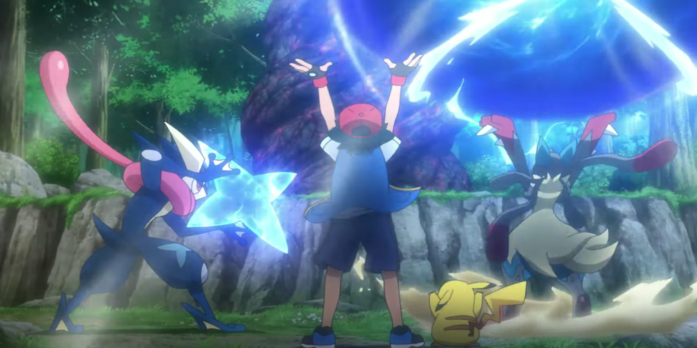 Ash, Lucario, Greninja e Pikachu em Pokémon Journeys