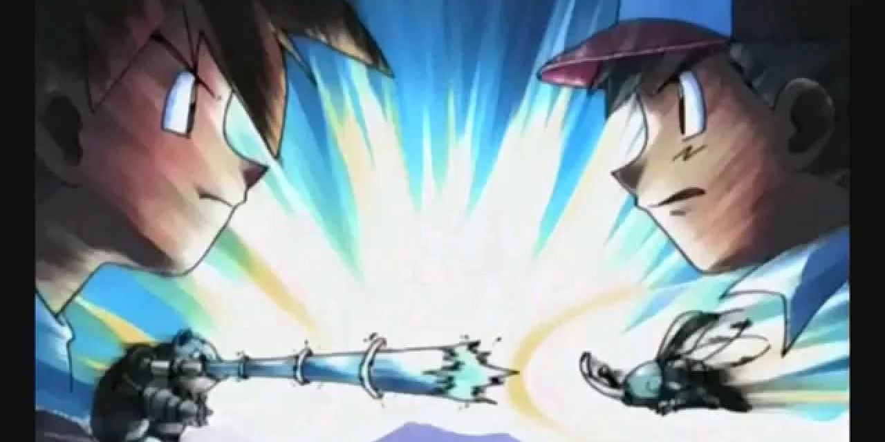 Ash facing off versus Gary in the Pokémon anime.