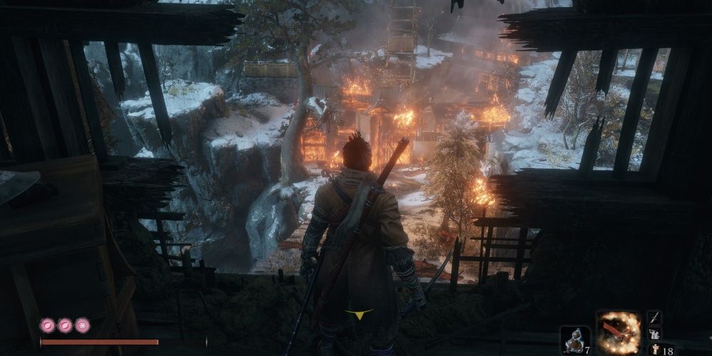 Ashina Castle on fire during the Interior Ministry invasion Sekiro: Shadows Die Twice