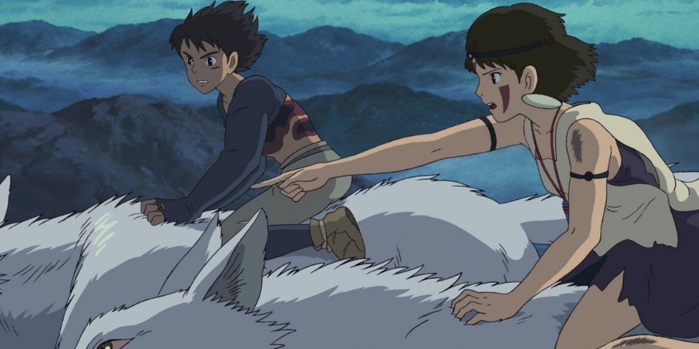 Ashitake and San ride wolves in Princess Mononoke