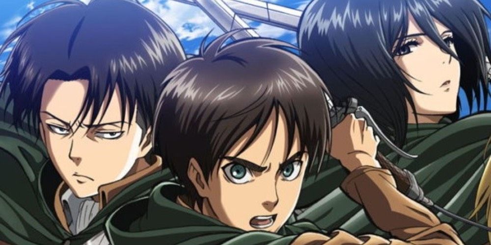 Levi Ackerman, Eren Yeager, and Mikasa Ackerman in the promotionals for Attack On Titan