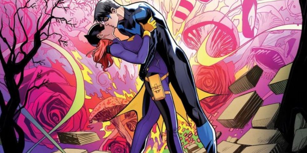 Batgirl and Nightwing kissing