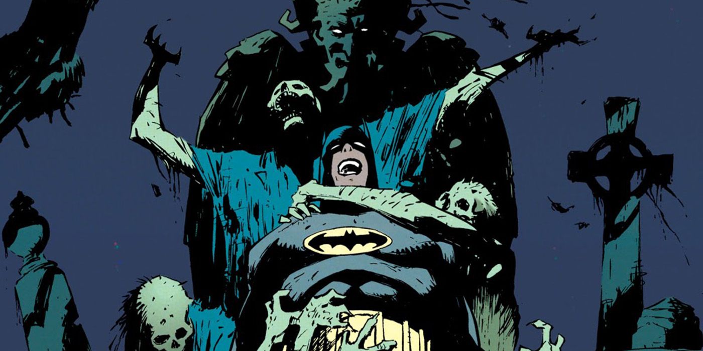 Batman is smothered in a gothic cemetery in DC Comic panels