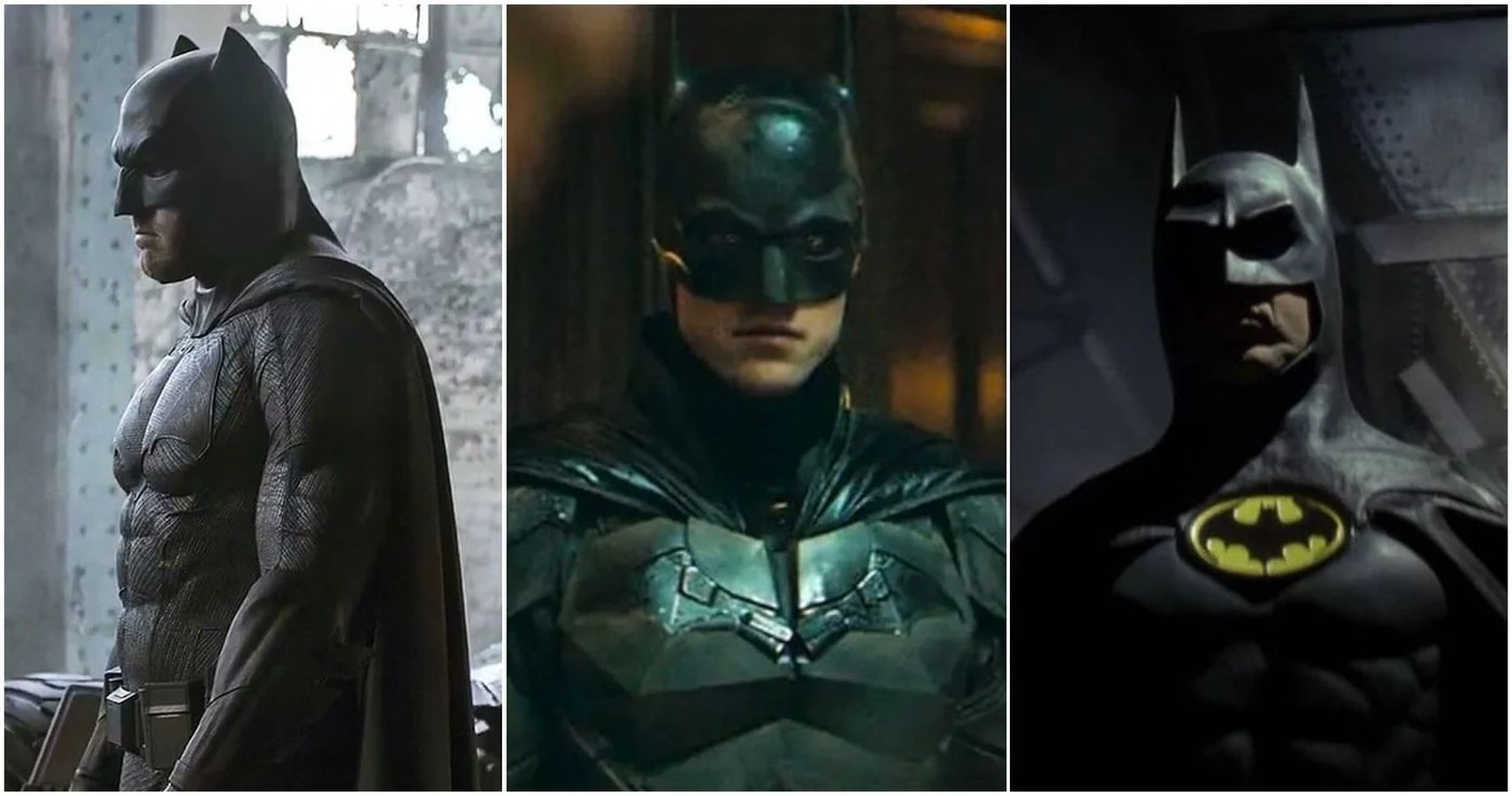 A split image of Brad Pitt, Robert Pattison, and Michael Keaton as DC's Batman in films.