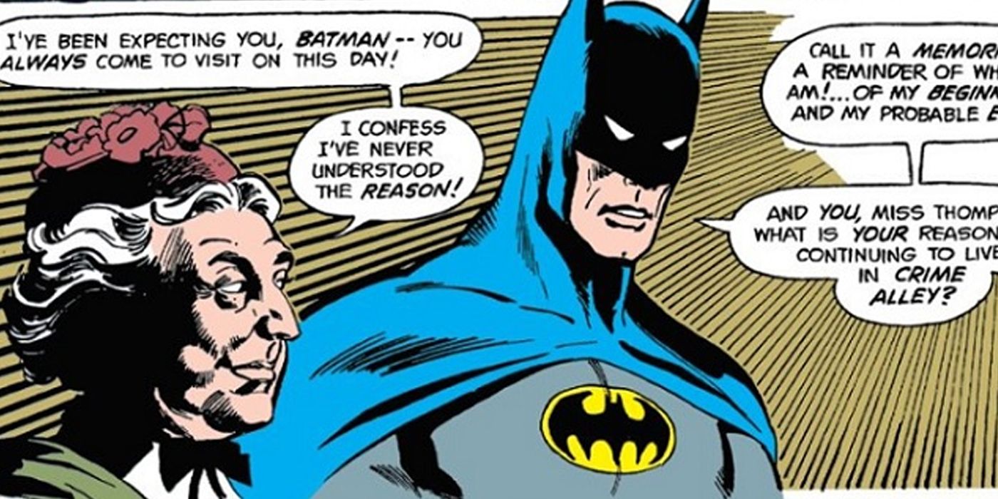 Batman and an older Dr Leslie Thompkins in DC Comics, discussing Crime Alley.