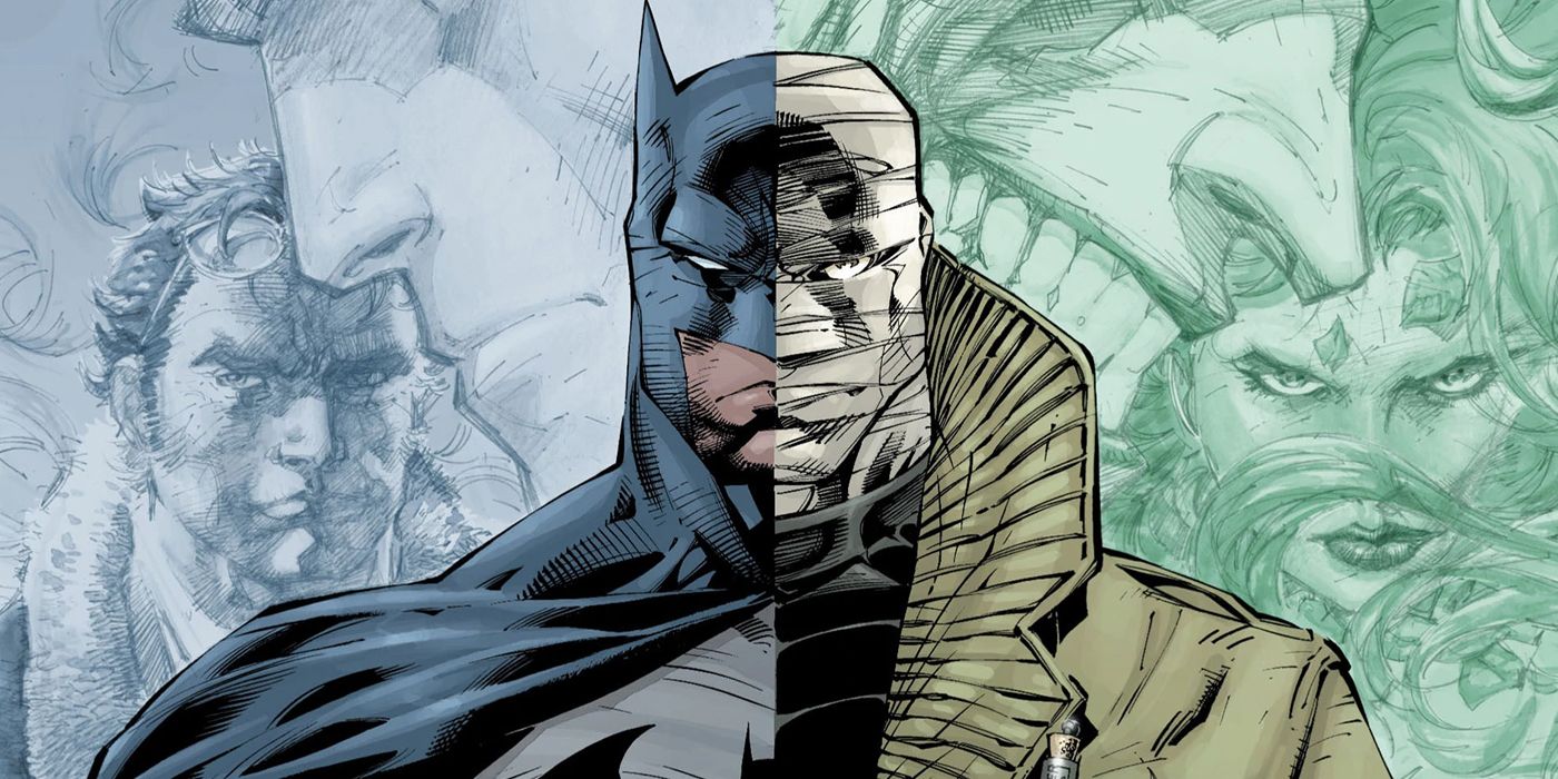 Batman on the left and Hush on the right split image