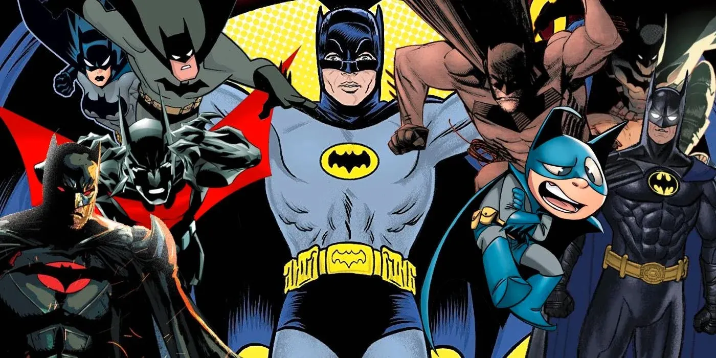 An image of many multiversal Batmen from DC Comics, including Thomas Wayne and Batmite