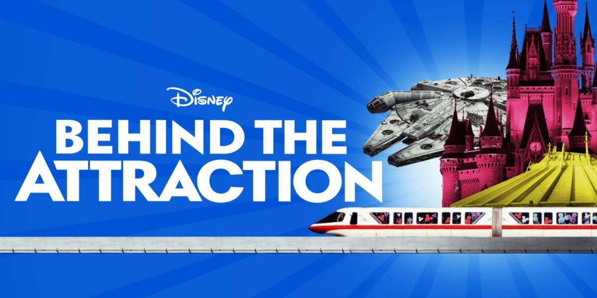Behind The Attraction Poster with the monorail, castle, and space mountain