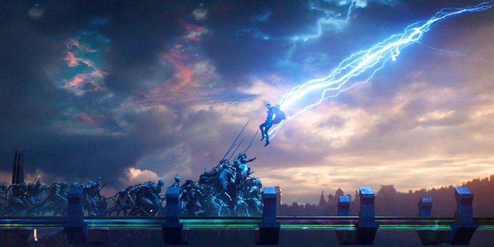 Thor channels his lightning powers in the Battle of the Bifrost in Thor: Ragnarok.