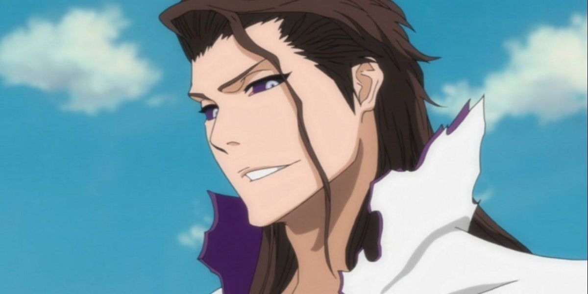 Sosuke Aizen smiling after merging with the Hogyoku in Bleach.