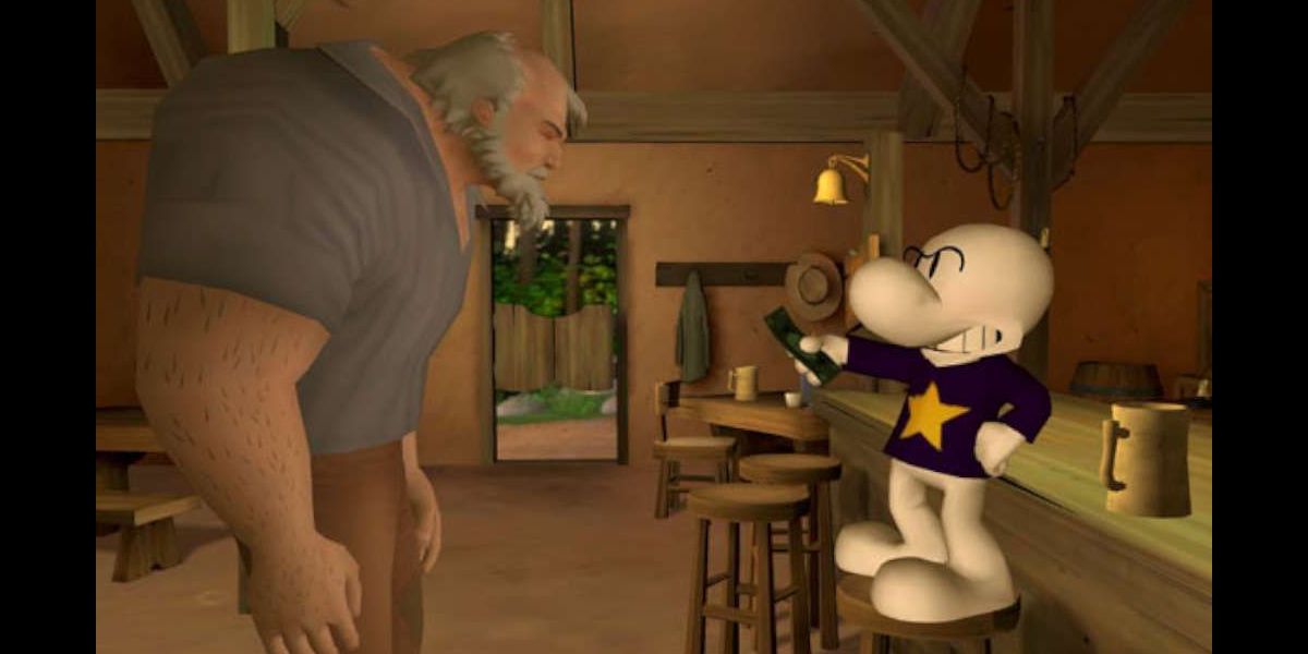 Fone Bone speaks with a villager in a bar during Bone The Great Cow Race