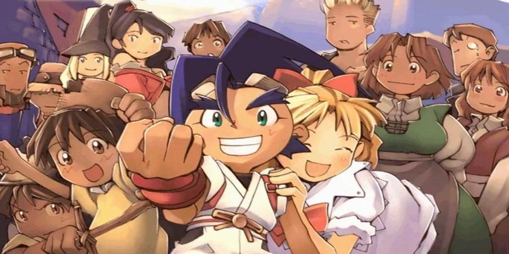 A group of characters cheering and smiling in Brave Fencer Musashi.