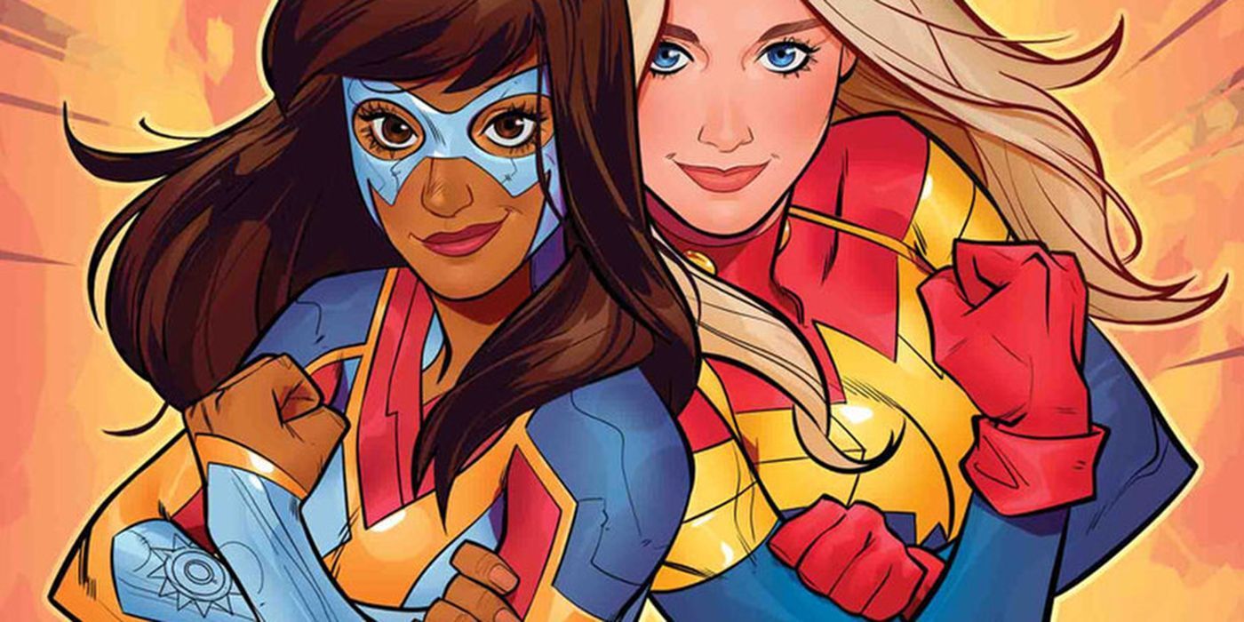Ms. Marvel Kamala Khan poses with Captain Marvel Carol Danvers in Marvel Comics