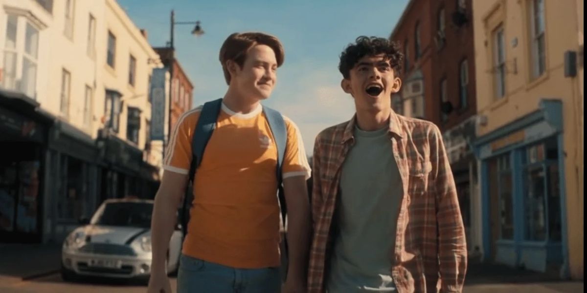 Charlie and Nick walking down the street in Heartstopper