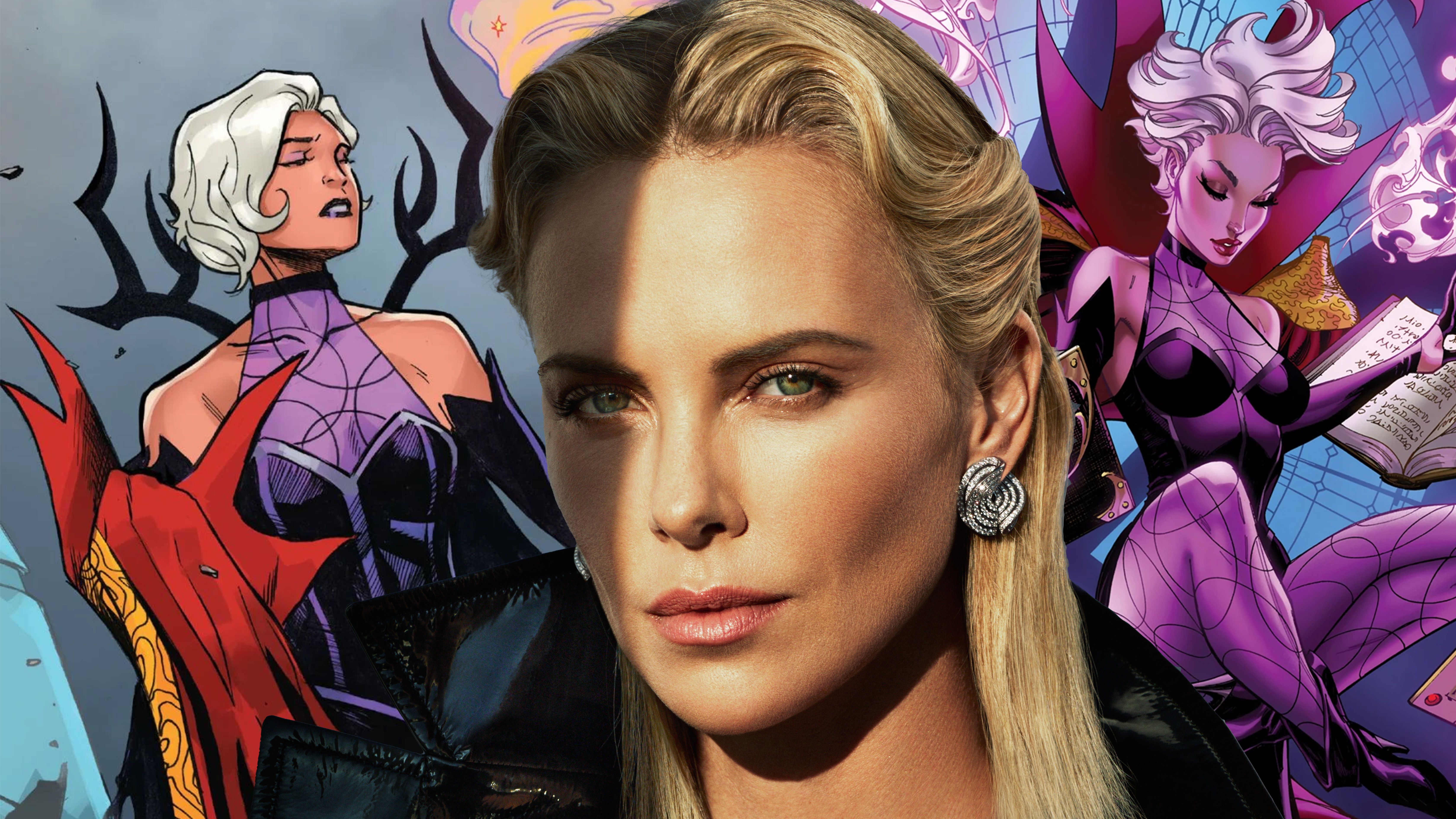 Actress Charlize Theron in font of comic covers of Clea.