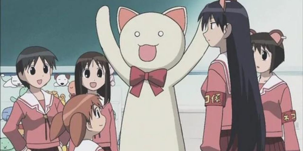 Chiyo, Sakaki and Osaka with cat mascot in Azumanga Daioh