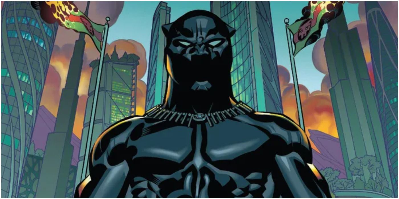 Black Panther stands in the flaming buildings of Wakanda in Marvel Comics.