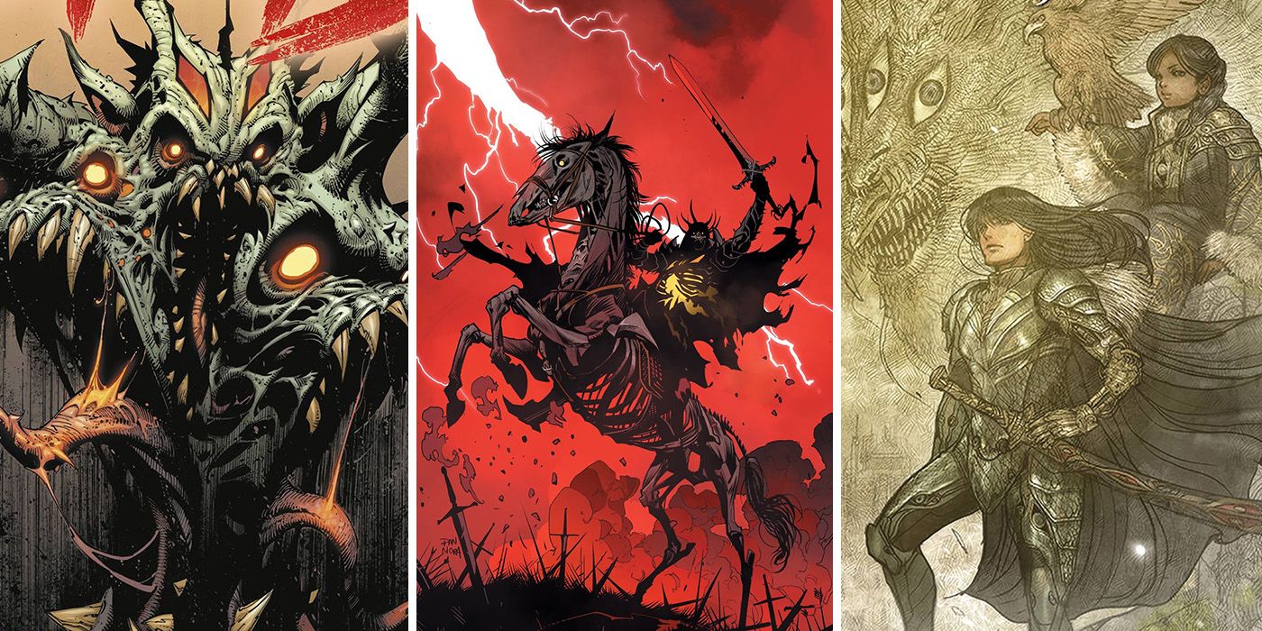Cover images for Once & Future, Monstress, and We Have Demons