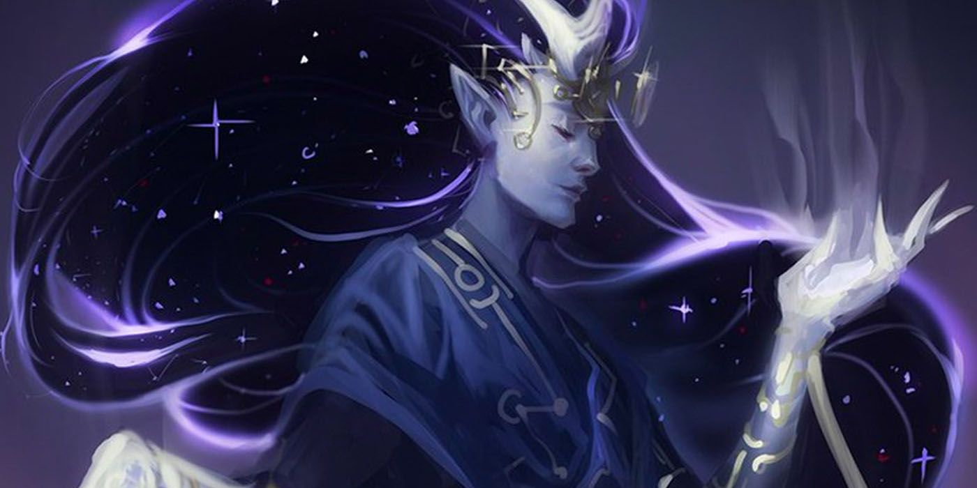 A glowing purple Astral Elf stares at the palm of her hand