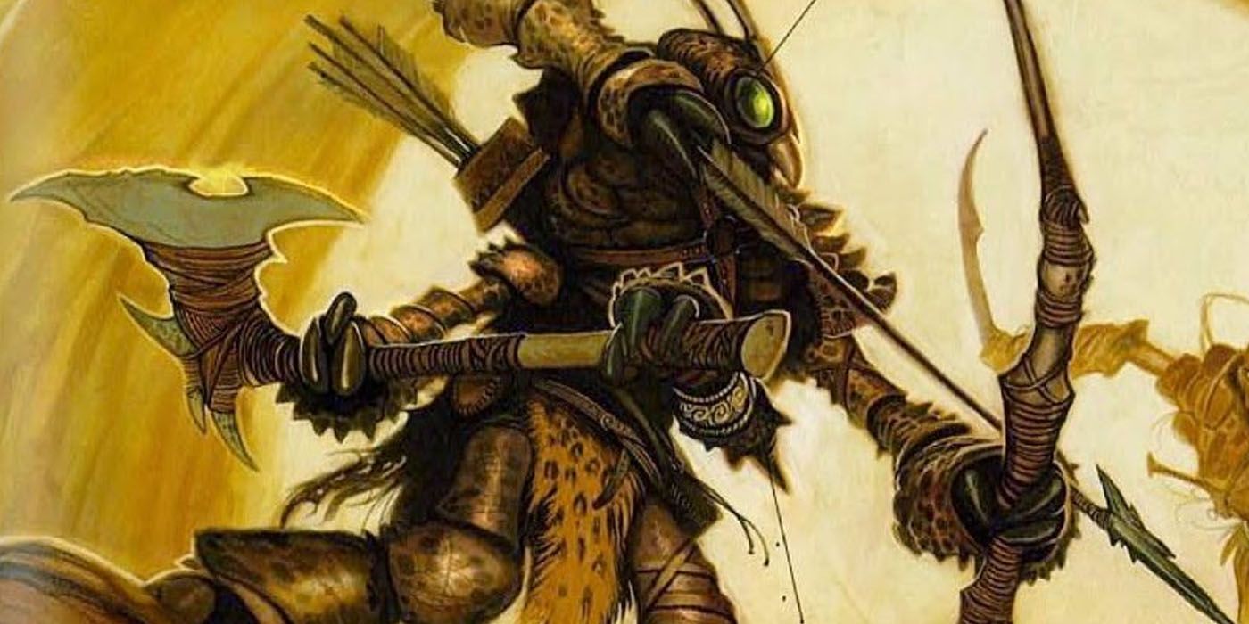 An insectoid warrior uses its multiple arms to carry both an axe and a bow