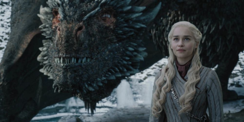 Daenerys Targaryen next to her dragon, Drogon, in Game of Thrones