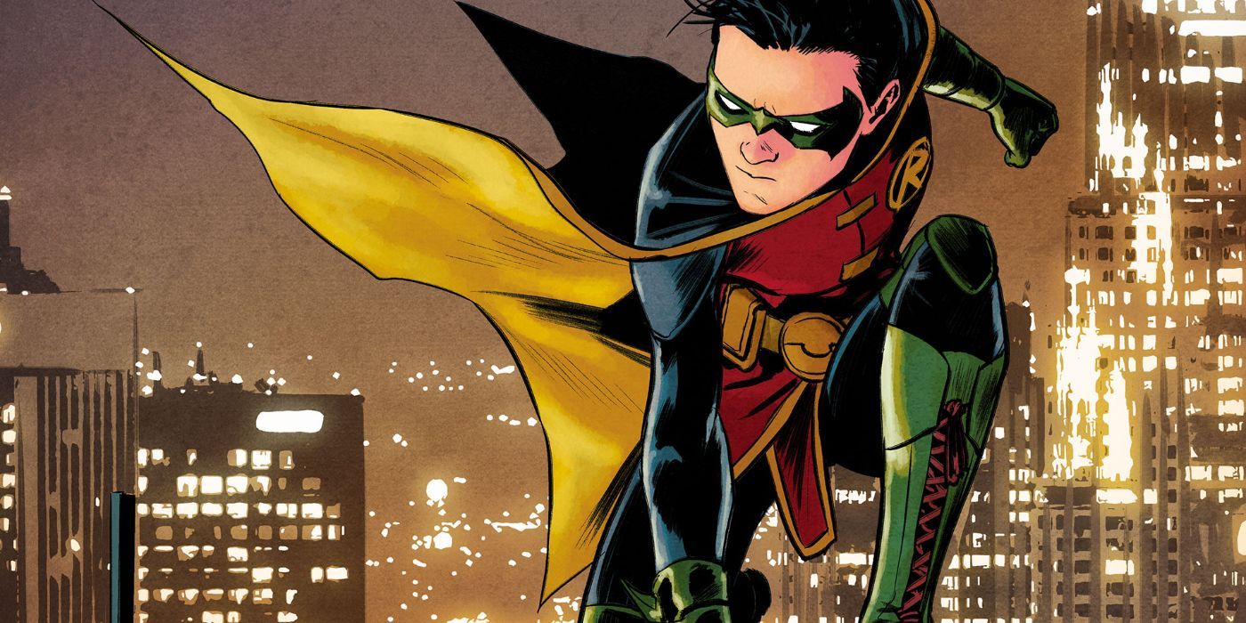 Damian Wayne da DC Comics como Robin em frente a um cenário de cidade