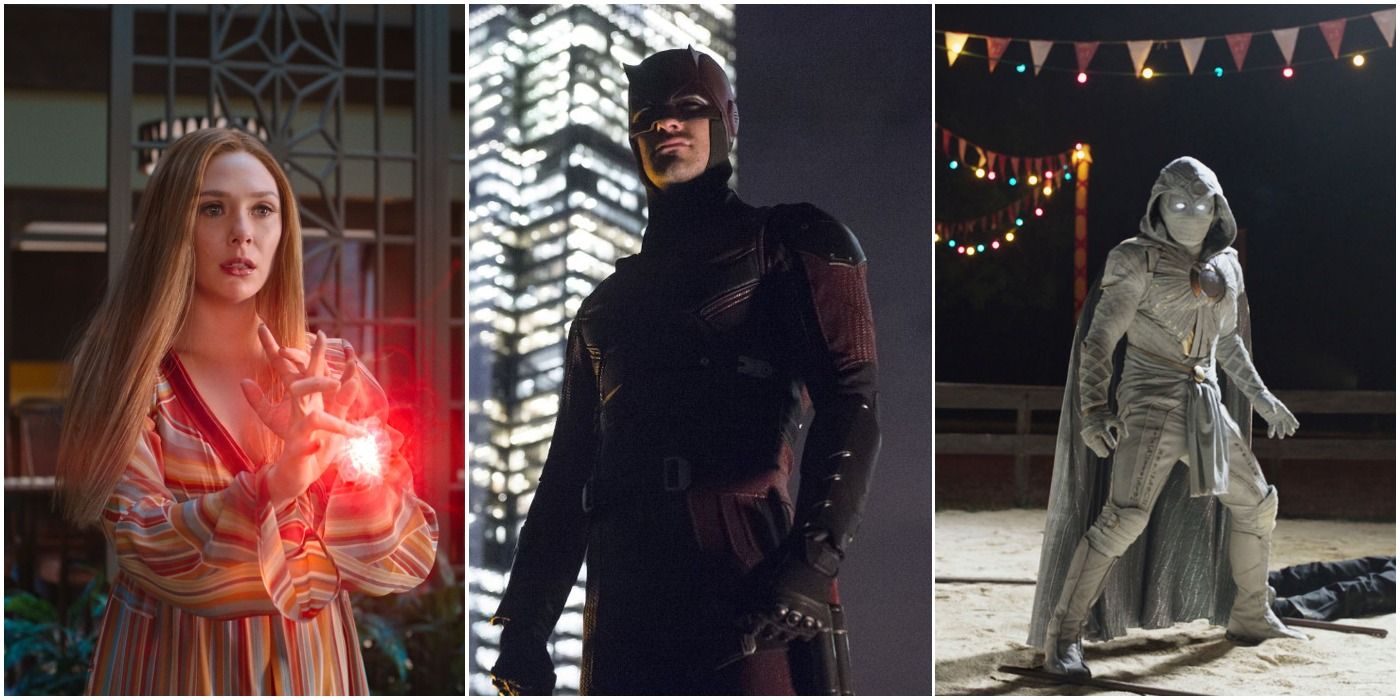 Split image featuring Wanda Maximoff from WandaVision, Daredevil from Netflix, and Moon Knight from Disney Plus.